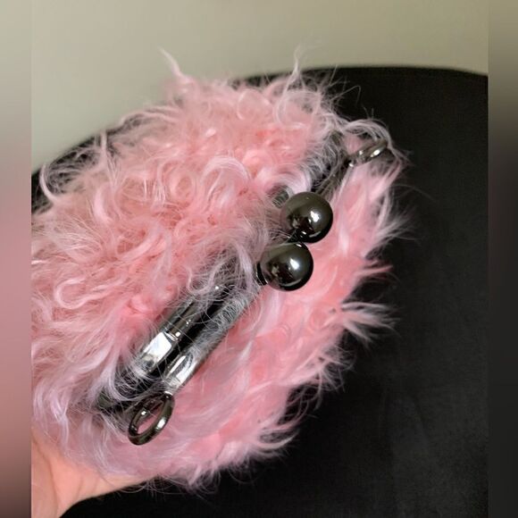 Pink Real Shearling Handmade Kisslock Mini Clutch, Coin Pouch, Crossbody - Picture 8 of 11